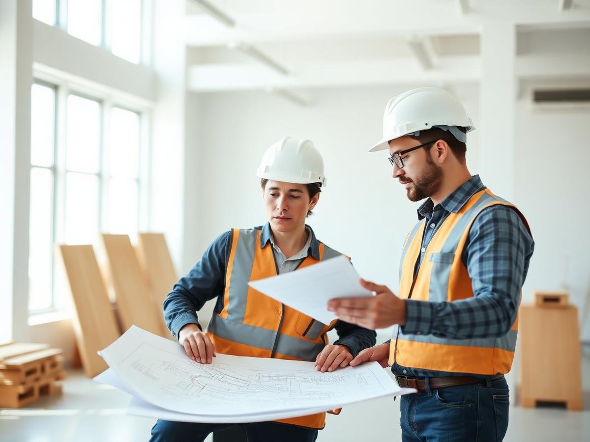 مهندسون يراجعون المخططات في موقع المشروع